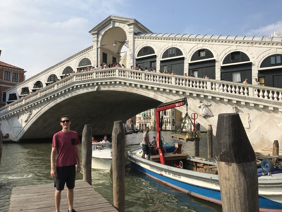 Max with background of Rialto bridge